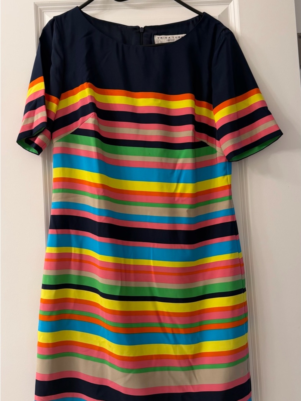 Trina Turk Navy Dress with Vibrant Rainbow Stripes